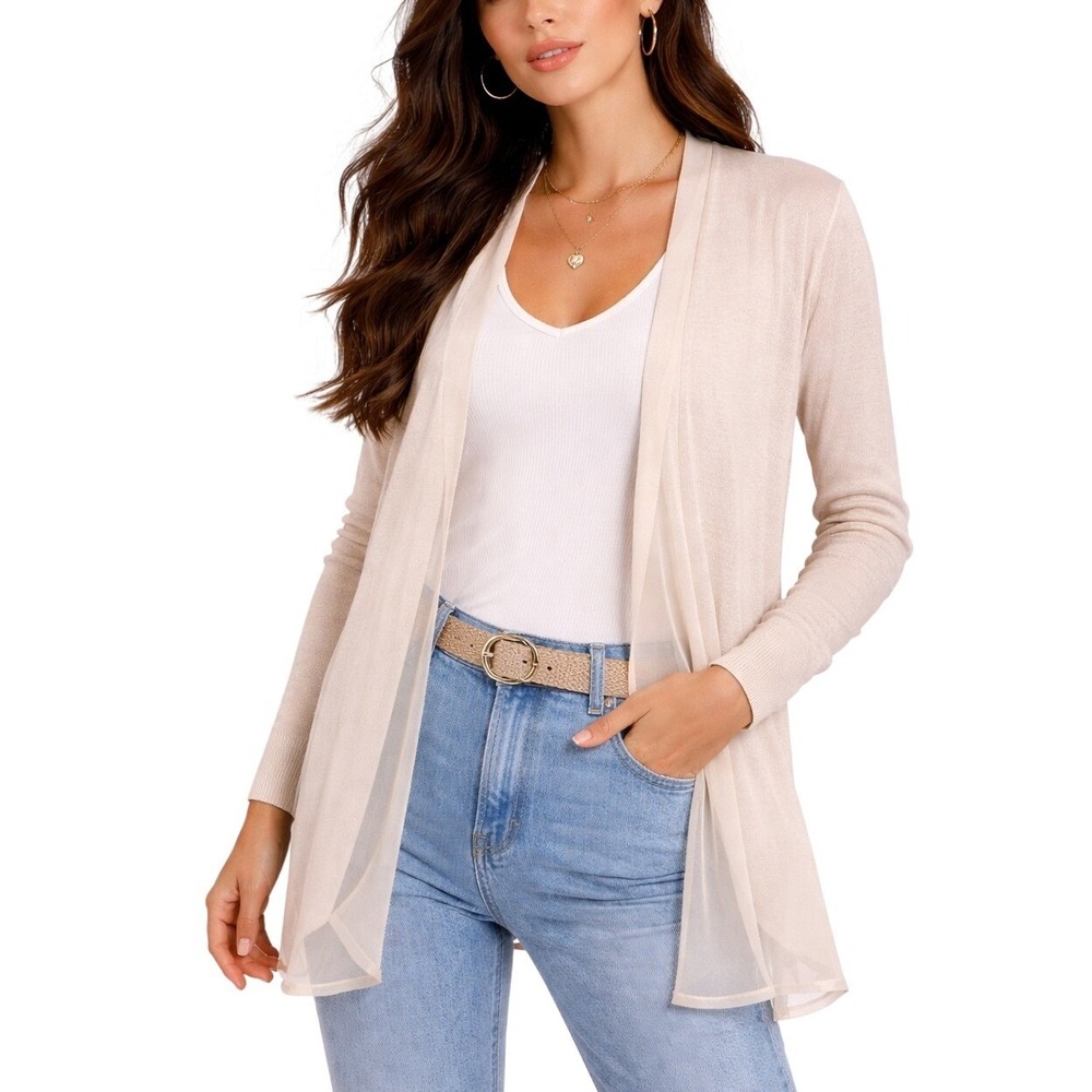 White House Black Market Cream Blush Pink Open Front Cardigan Knit Sweater M
